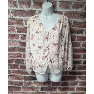 Women's EVERLY Pink Floral Bell Sleeves Sheer Blouse Small